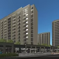Vibrant Urban Commercial Street With Modern Multi Story Buildings Retail Shops Sidewalk Greenery And Pedestrians
