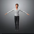 Man With Arms Outstretched Wearing White Shirt Black Pants Gray Shoes Against Gray Background