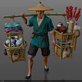 Man Wearing Straw Hat Carrying Bamboo Pole With Bamboo Baskets Holding Fabrics Teapots Candied Hawthorns