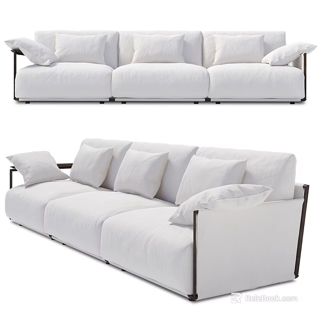 Modern White Three Seater Sofa With Black Frame Fabric Upholstery And Multiple Cushions 3d model 