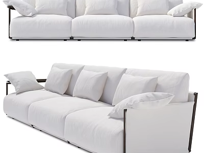Modern White Three Seater Sofa With Black Frame Fabric Upholstery And Multiple Cushions 3d model