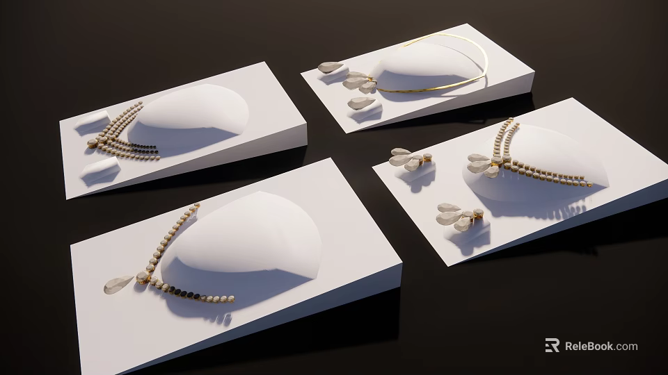 Elegant Pearl Jewelry Collection With Gold Necklaces Earrings On White Display Stands 3d model 