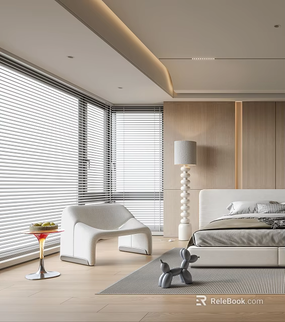 Modern Bedroom Interior With Large Windows Blinds White Chair Floor Lamp And Wooden Walls 3d model 