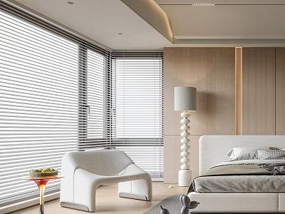 Modern Bedroom Interior With Large Windows Blinds White Chair Floor Lamp And Wooden Walls 3d model