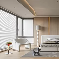 Modern Bedroom Interior With Large Windows Blinds White Chair Floor Lamp And Wooden Walls