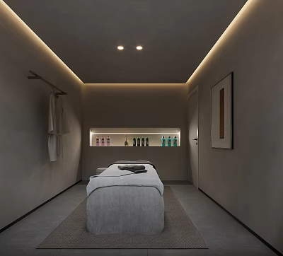 Minimalist SPA Room With Massage Table And Robe 3d model