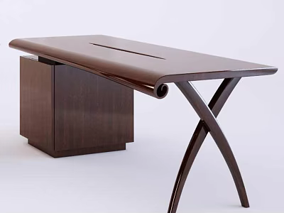 Modern Wooden Desk With Rolled Edge Top And Cross Metal Legs Storage Cabinet 3d model