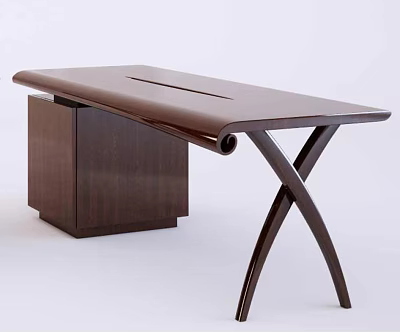 Modern Wooden Desk With Rolled Edge Top And Cross Metal Legs Storage Cabinet 3d model