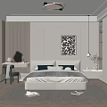 Modern Bedroom Interior With Upholstered Bed White Wardrobe Abstract Wall Art And Ceiling Light
