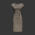 Elegant Beige Pleated Dress With Cowl Neck And Bow Belt Design