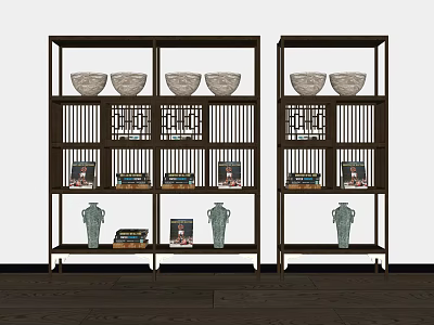 Traditional Chinese Bookcases With Lattice Panels Ceramic Bowls Books And Decorative Statues 3d model