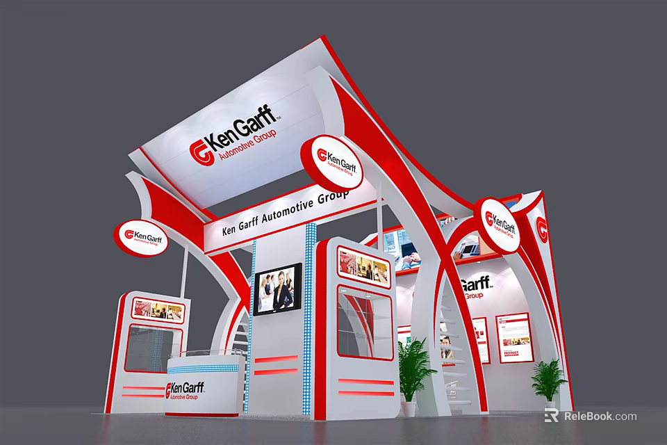 KenCraft Modern Exhibition Booth With Red White Design Display Panels And Plants 3d model 