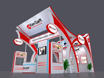 KenCraft Modern Exhibition Booth With Red White Design Display Panels And Plants 3d model