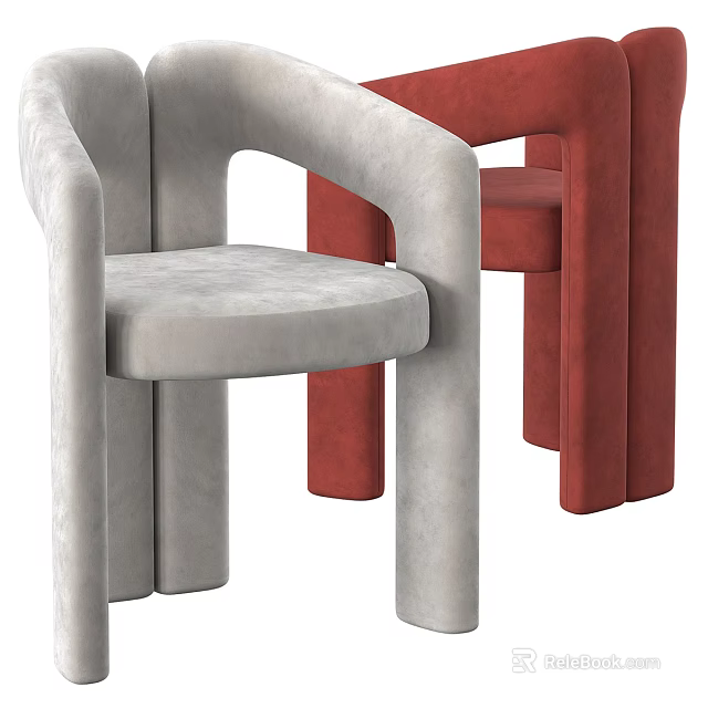 Leisure Chair Gray And Red Velvet Upholstered Modern Design With Rounded Armrests And Solid Legs 3d model 