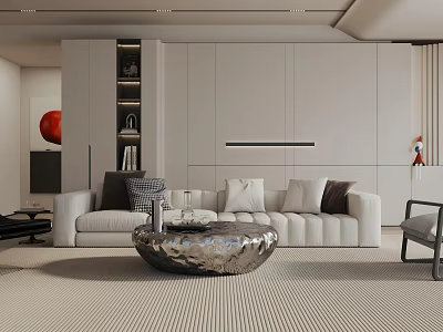 Modern Living Room Interior With White Sofa Metallic Coffee Table And Striped Rug 3d model