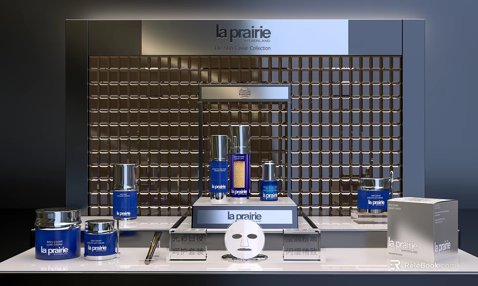 La Prairie Cosmetics Display With Skincare Products And Grid Wall Showcase 3d model 
