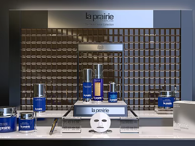La Prairie Cosmetics Display With Skincare Products And Grid Wall Showcase 3d model