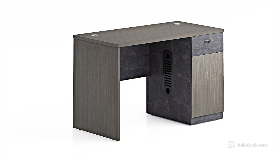 Modern Dark Wooden Office Desk Featuring Drawer And Storage Cabinet 3d model 