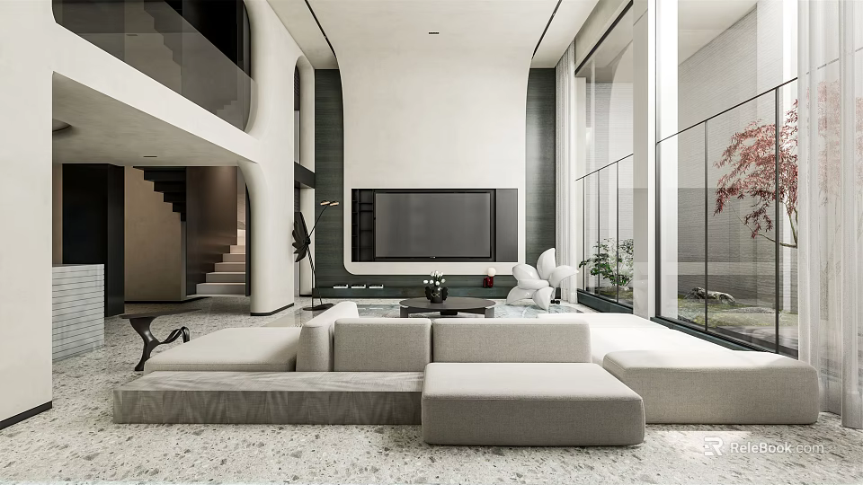 Modern Duplex Living Room Interior With Spacious Layout Sofa Area And Floor To Ceiling Windows 3d model