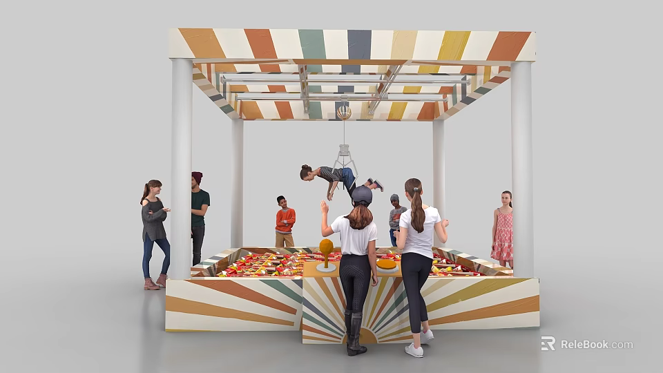 Vibrant Colorful Striped Pavilion With Fruit Stand And People Interacting 3d model 