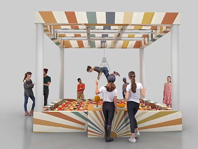 Vibrant Colorful Striped Pavilion With Fruit Stand And People Interacting 3d model