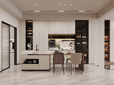 Modern Restaurant Kitchen With Open Design White Cabinets Black Storage Island Counter And Dining Table 3d model