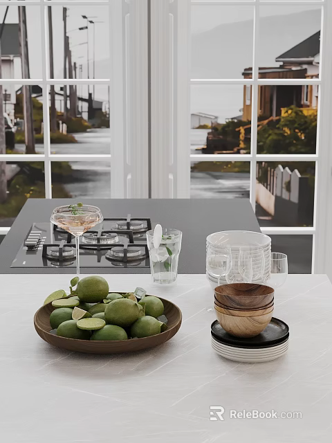 Cozy Kitchen Interior With Stove Fresh Limes Glass Cups And Wooden Bowls 3d model 
