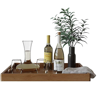 Elegant Wine Bottles and Glasses with Decanter Green Plant and Gray Cloth on Wooden Tray 3d model