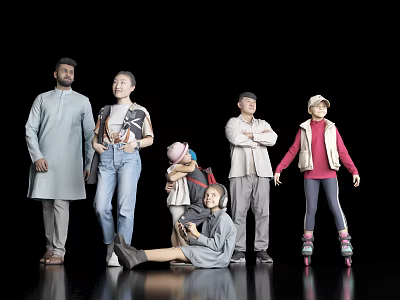Group of Diverse People Posing in Various Outfits Against Black Background 3d model