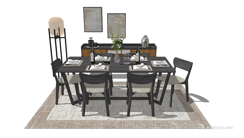 Modern Dining Table Set With Chairs Tableware Vase Plant And Wall Art 3d model