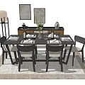 Modern Dining Table Set With Chairs Tableware Vase Plant And Wall Art 3d model
