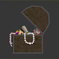 Wooden Storage Chest Filled With Colorful Gemstones Pearl Necklaces And Gold Coins
