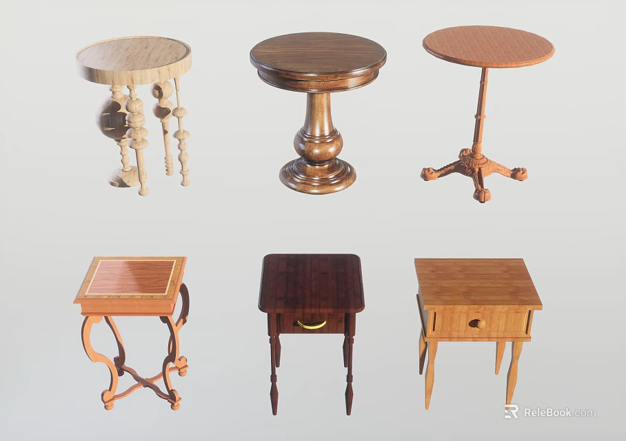 Assorted Design Wooden Side Tables Featuring Round Square Tops Carved Legs And Storage Drawer 3d model 