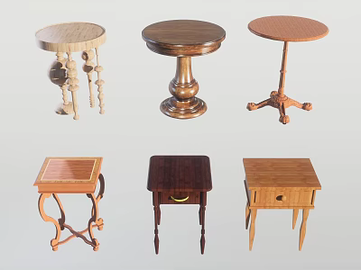Assorted Design Wooden Side Tables Featuring Round Square Tops Carved Legs And Storage Drawer 3d model