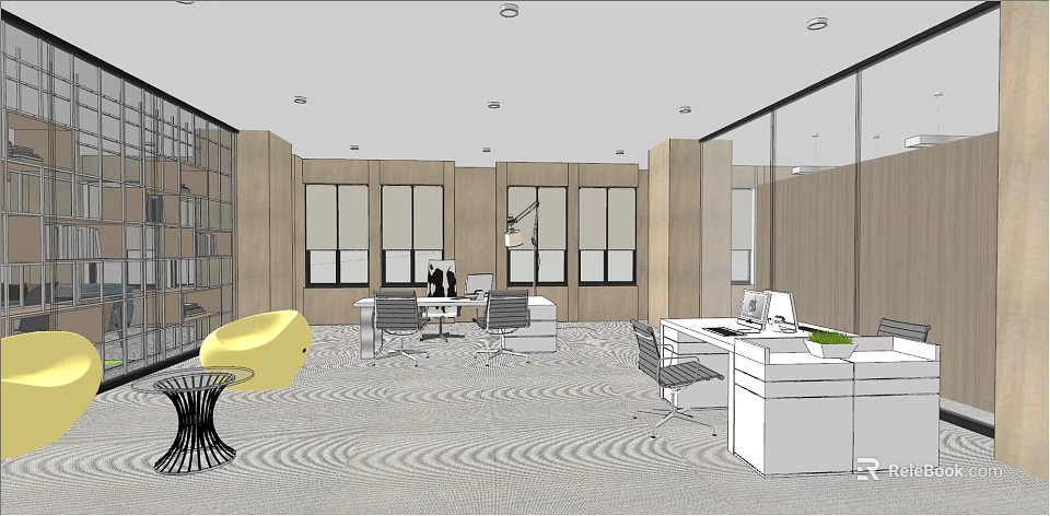 Modern Retail Store Interior With Office Desk Chairs Yellow Sofa And Large Windows 3d model 