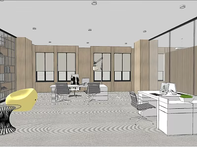 Modern Retail Store Interior With Office Desk Chairs Yellow Sofa And Large Windows 3d model