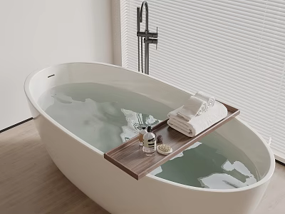 White Freestanding Bathtub With Wooden Tray Towels And Bath Products Near Window 3d model