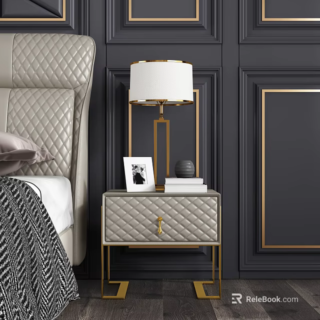 Luxury Quilted Bedside Table With Gold Frame Lamp Books Photo Frame And Quilted Headboard 3d model 