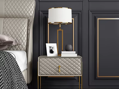 Luxury Quilted Bedside Table With Gold Frame Lamp Books Photo Frame And Quilted Headboard 3d model