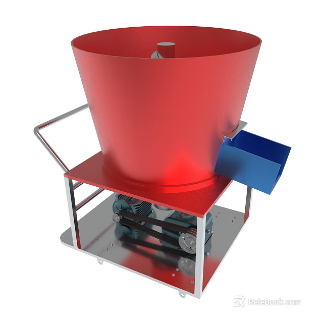 Red Bucket Shaped Motorized Machine With Metal Frame Blue Component And Wheels 3d model