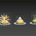Three Different Decorated Dessert Tarts on Blue Background with Cartoon Style and Unique Toppings