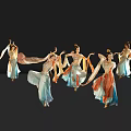 Women In Traditional Costumes Dancing With Flowing Sleeves Skirts On Black Background With Floor Reflections