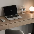 Modern Wooden Desk With Bookshelf Laptop Lamp Beige Chair And Dried Flower Vase