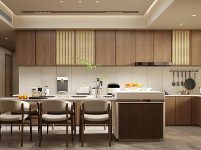 Modern Living Dining Room Interior Design With Wooden Cabinets Dining Table Chairs And Green Plant 3d model