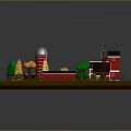 Colorful Farm Model Design With Red Barn Windmill Tractor Trees And Crops
