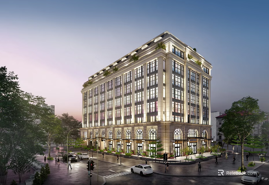 Modern Multi Story Office Building Exterior With Large Glass Windows Illuminated Facade And Surrounding Trees 3d model 