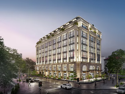 Modern Multi Story Office Building Exterior With Large Glass Windows Illuminated Facade And Surrounding Trees 3d model