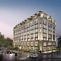 Modern Multi Story Office Building Exterior With Large Glass Windows Illuminated Facade And Surrounding Trees
