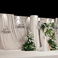 Elegant Floral Decoration for Wedding Stage with Bride Beige Curtains and Crystal Chandeliers