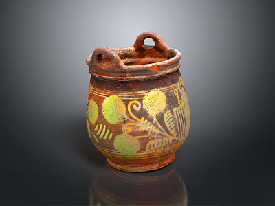 Hand Carved Clay Sculpture Pot With Two Handles And Colorful Patterns 3d model